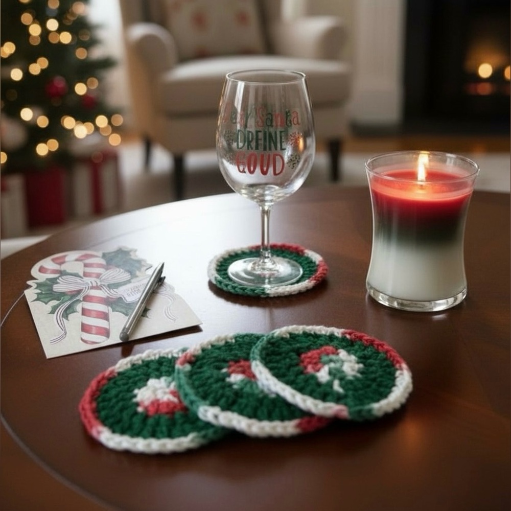 Coaster Set Hand Crafted Red White Green Christmas Holidays Crochet